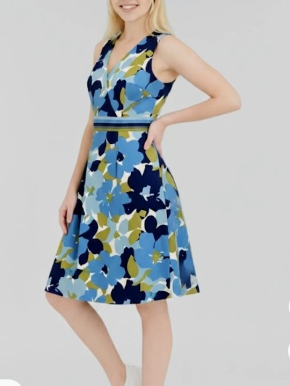 Floral V-Neck Sleeveless Dress in Blue and Olive